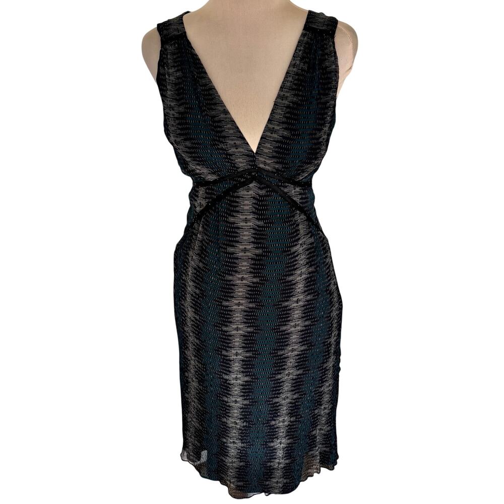 KOOKAI Paris 100% Silk Beaded V-Neck Sheath Dress Abstract Tribal Print Boho